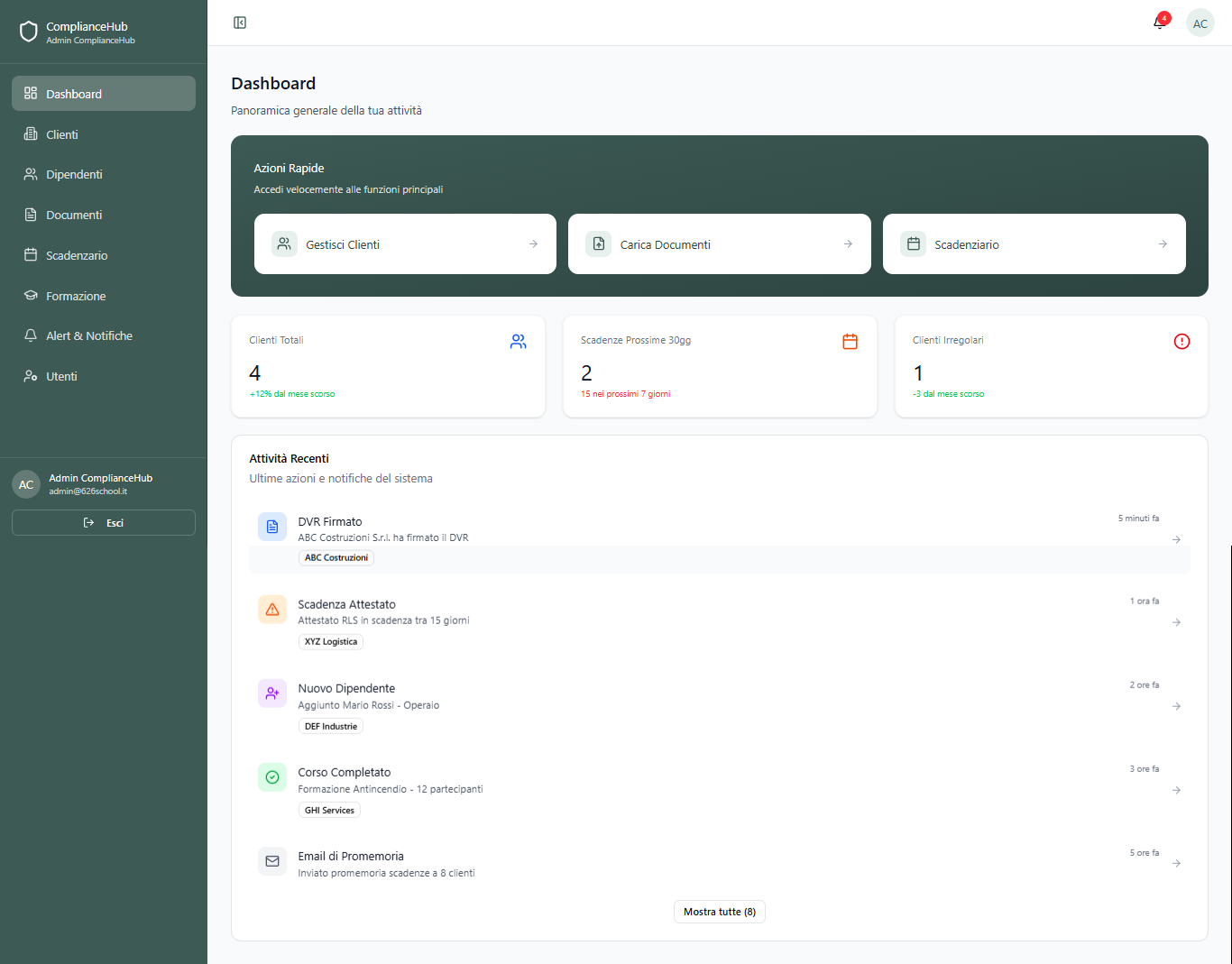 ComplianceHub administrator dashboard showing client totals, upcoming deadlines and recent activity
